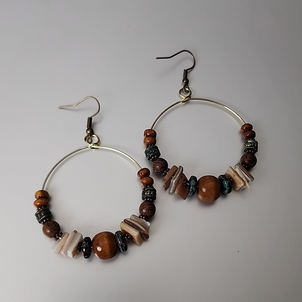 Boho Beaded Hoops Bronze MIXED MATERIALS BOTH MANMADE AND NATURAL